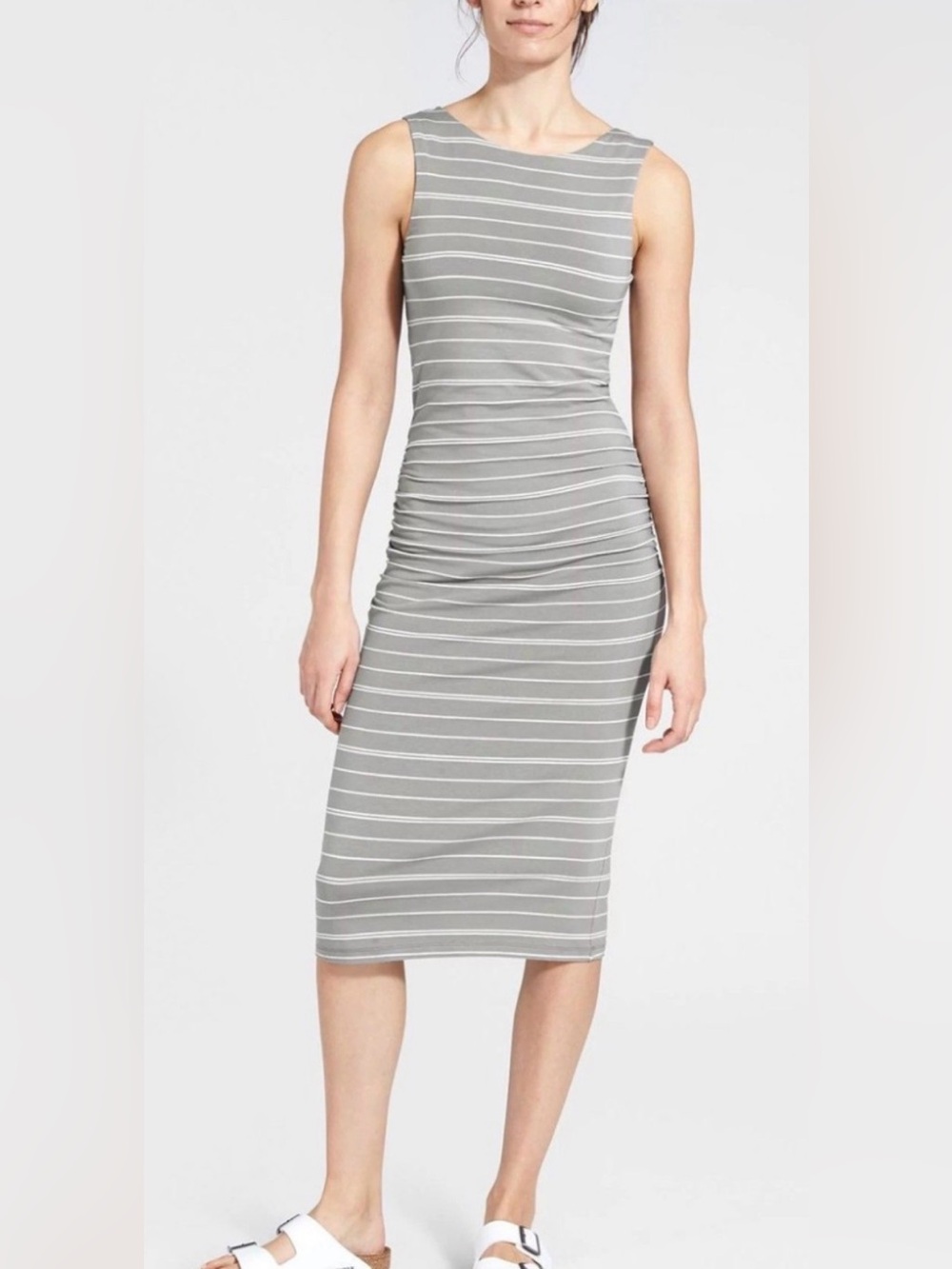 Athleta Gray and White Striped Sleeveless Midi Dress